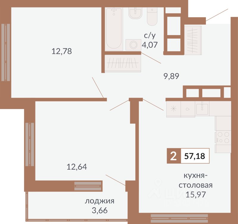 2-к кв. Свердловская область, Екатеринбург пер. Старателей (57.18 м²)