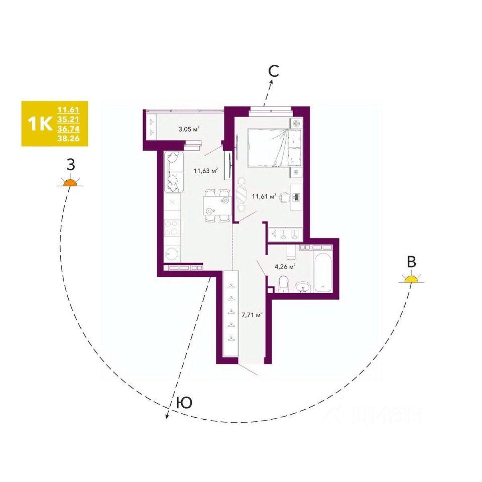 1-к кв. Свердловская область, Екатеринбург просп. Космонавтов, 103А (36.74 м²)