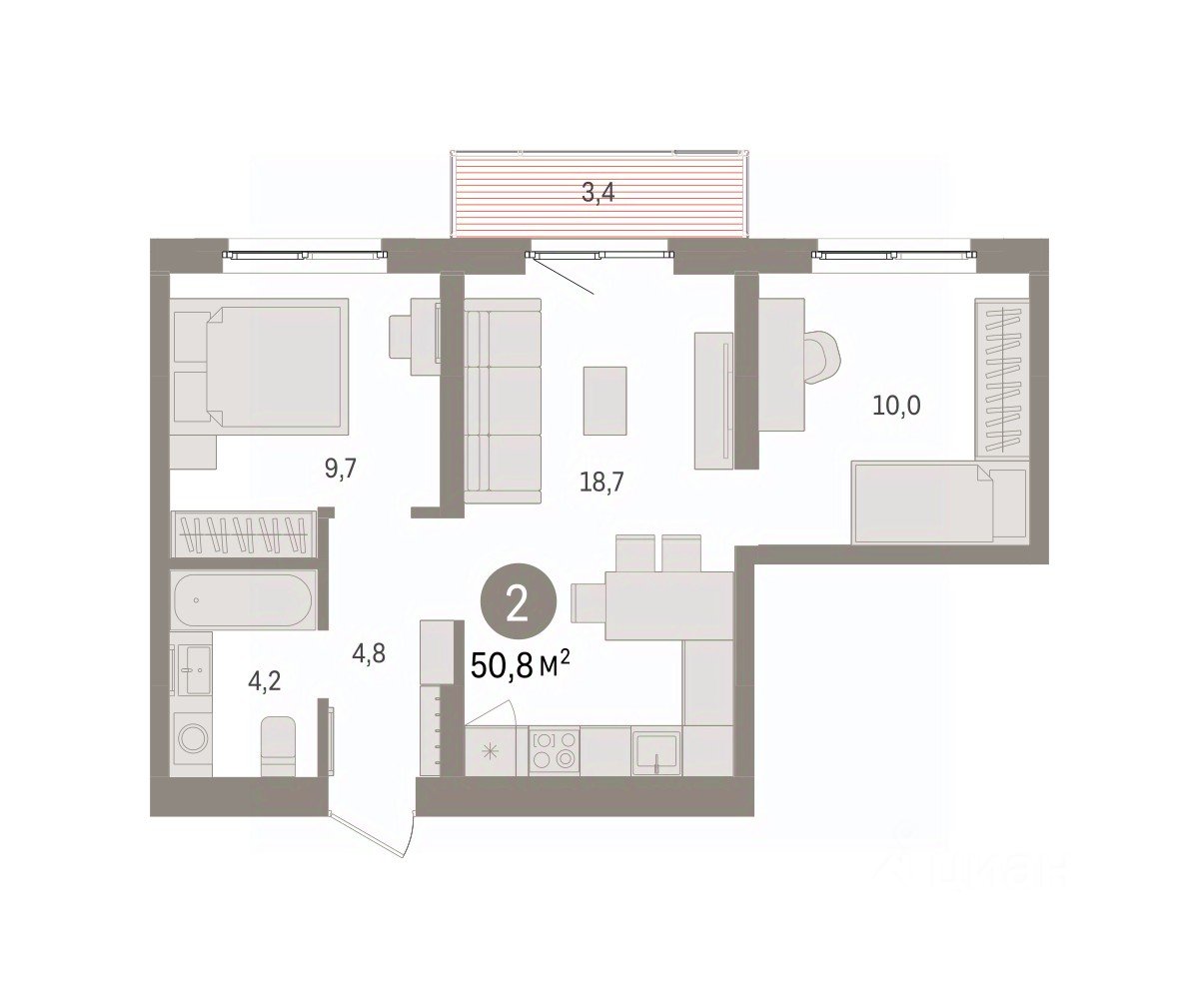 2-к кв. Свердловская область, Екатеринбург пер. Торфяной, 10 (50.8 м²)