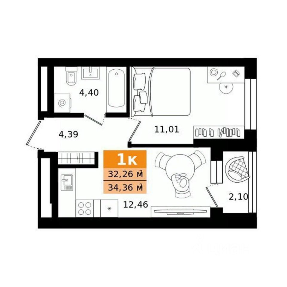 1-к кв. Свердловская область, Екатеринбург ул. Монтерская (34.36 м²)