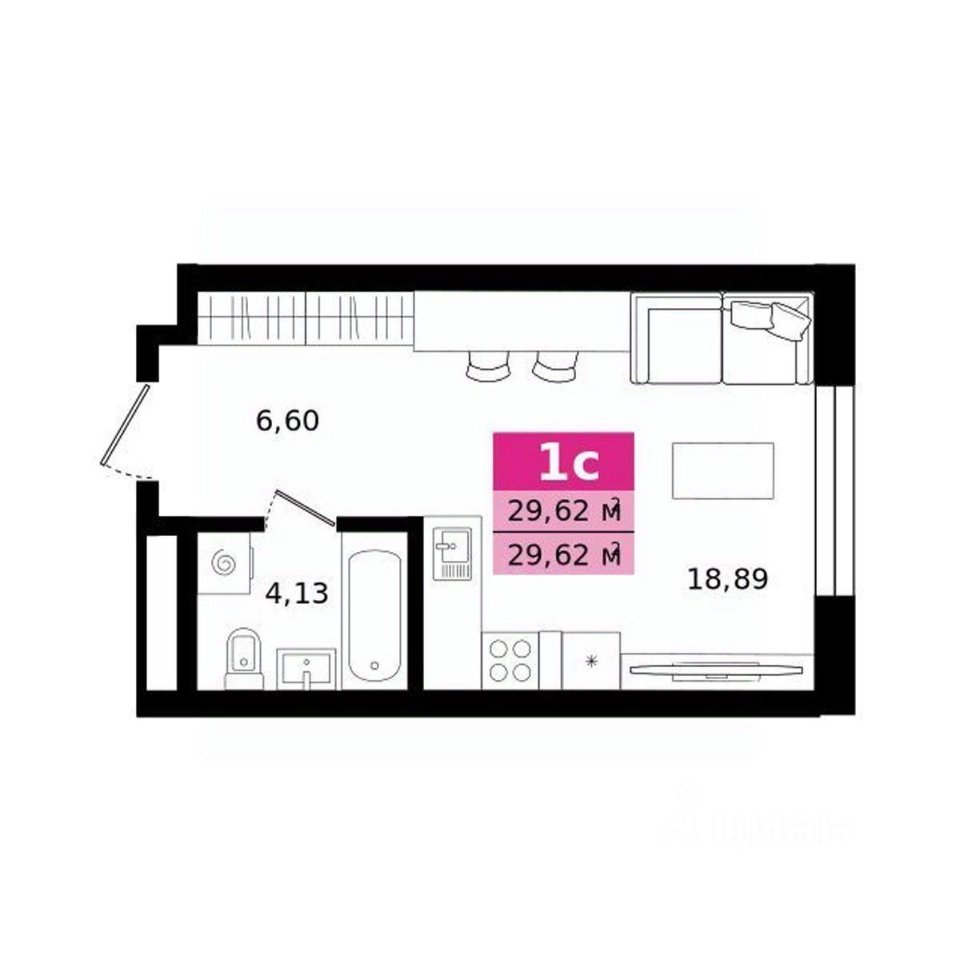 Студия Свердловская область, Екатеринбург ул. Монтерская (29.62 м²)