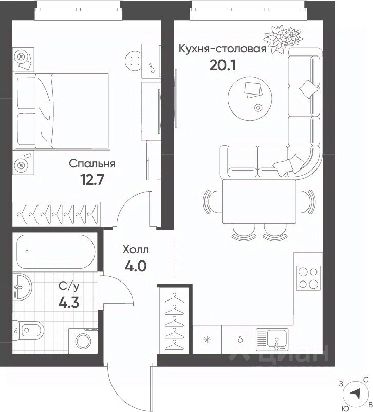 1-к кв. Свердловская область, Екатеринбург Солнечный жилрайон,  (41.1 м²)
