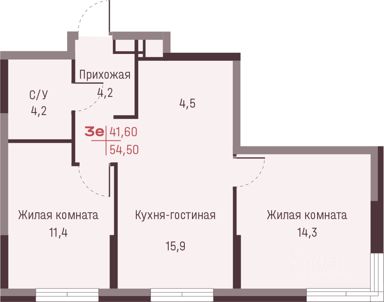 3-к кв. Свердловская область, Екатеринбург ул. Академика Ландау, 13 (54.5 м²)