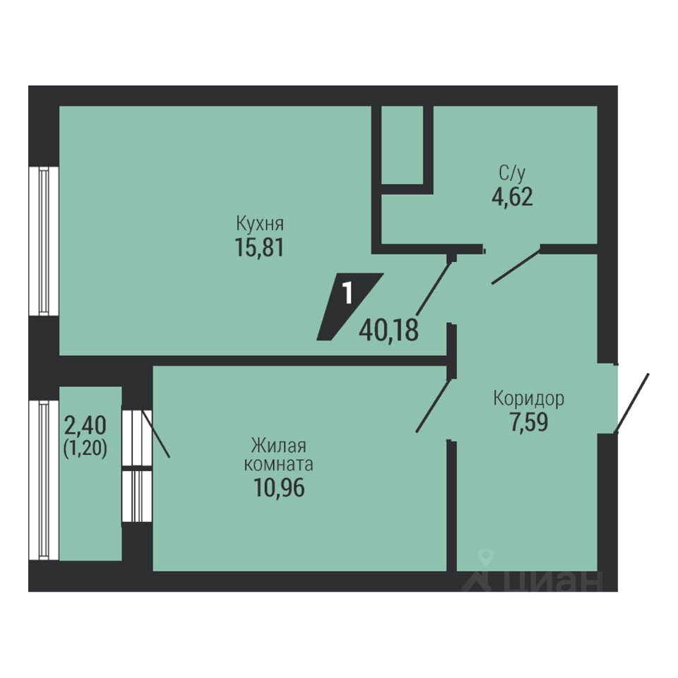 1-к кв. Свердловская область, Екатеринбург пер. Ученический (40.18 м²)