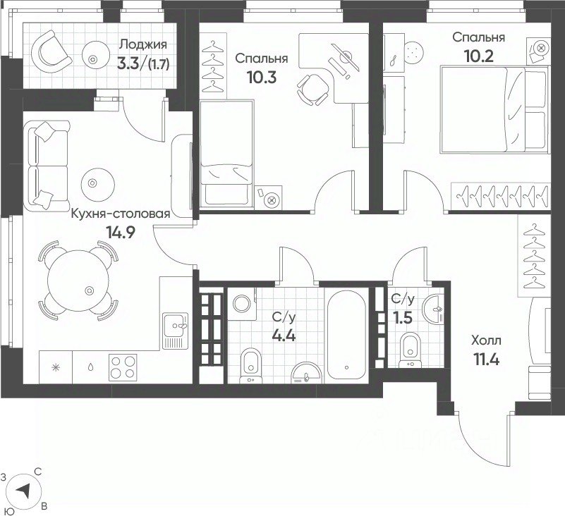 2-к кв. Свердловская область, Екатеринбург Солнечный жилрайон,  (54.4 м²)