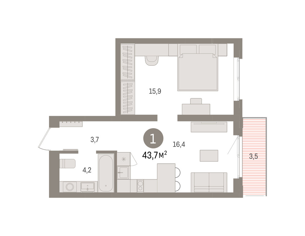 1-комнатная квартира: Екатеринбург, Торфяной переулок, 10 (43.7 м²)