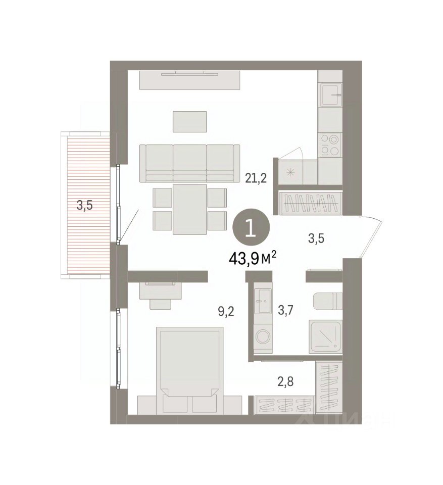 1-к кв. Свердловская область, Екатеринбург пер. Торфяной, 10 (43.9 м²)