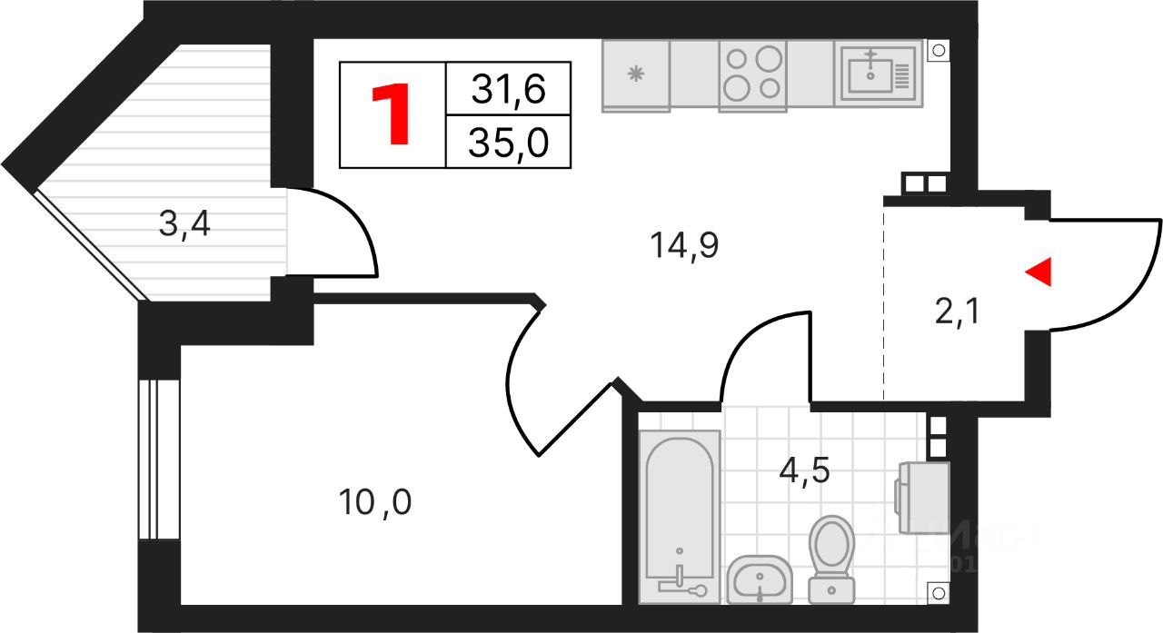 1-к кв. Свердловская область, Екатеринбург ул. Военного Флота, 4 (34.97 м²)