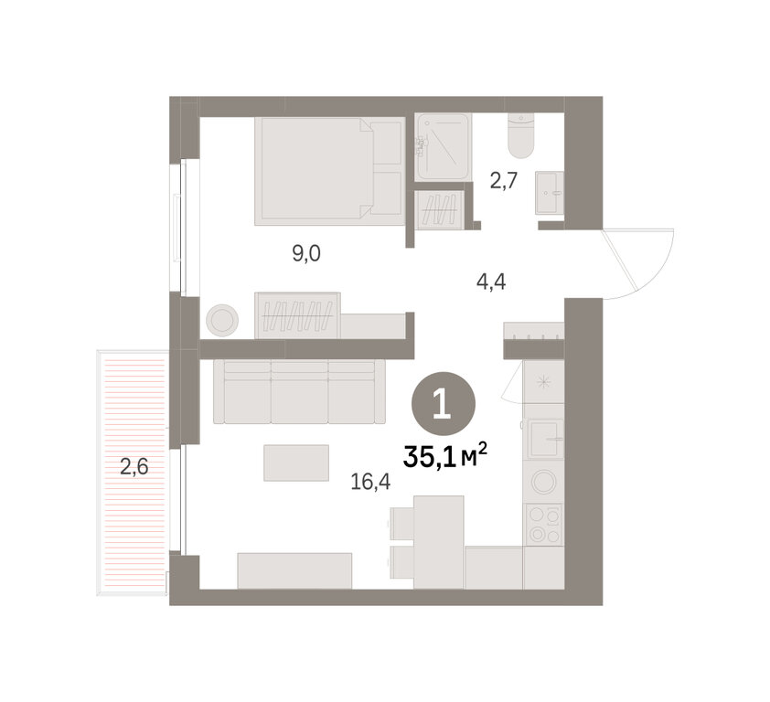 1-комнатная квартира: Екатеринбург, Благодатская улица, 15 (35.08 м²)