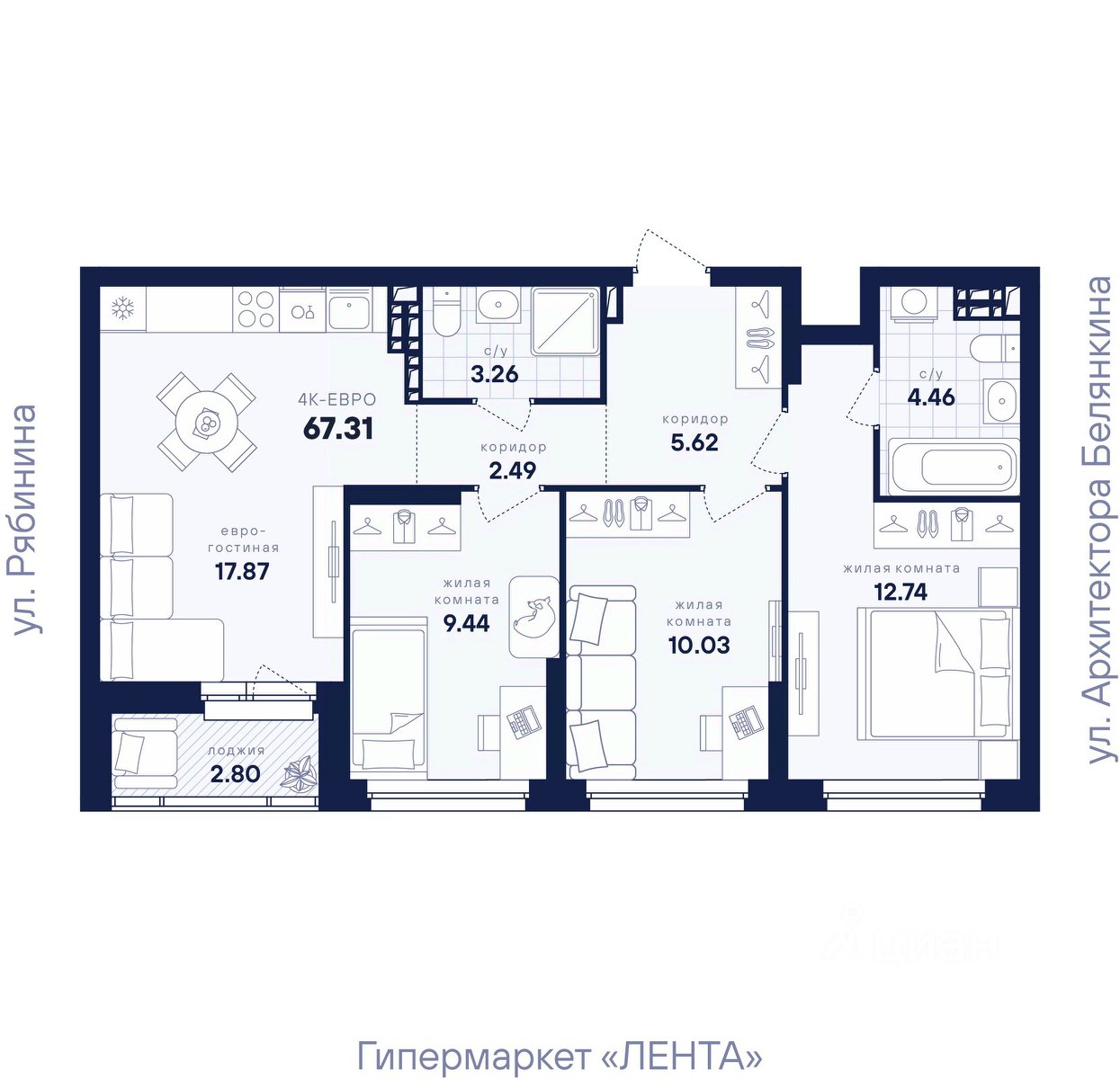 3-к кв. Свердловская область, Екатеринбург ул. Рябинина, 42 (67.31 м²)