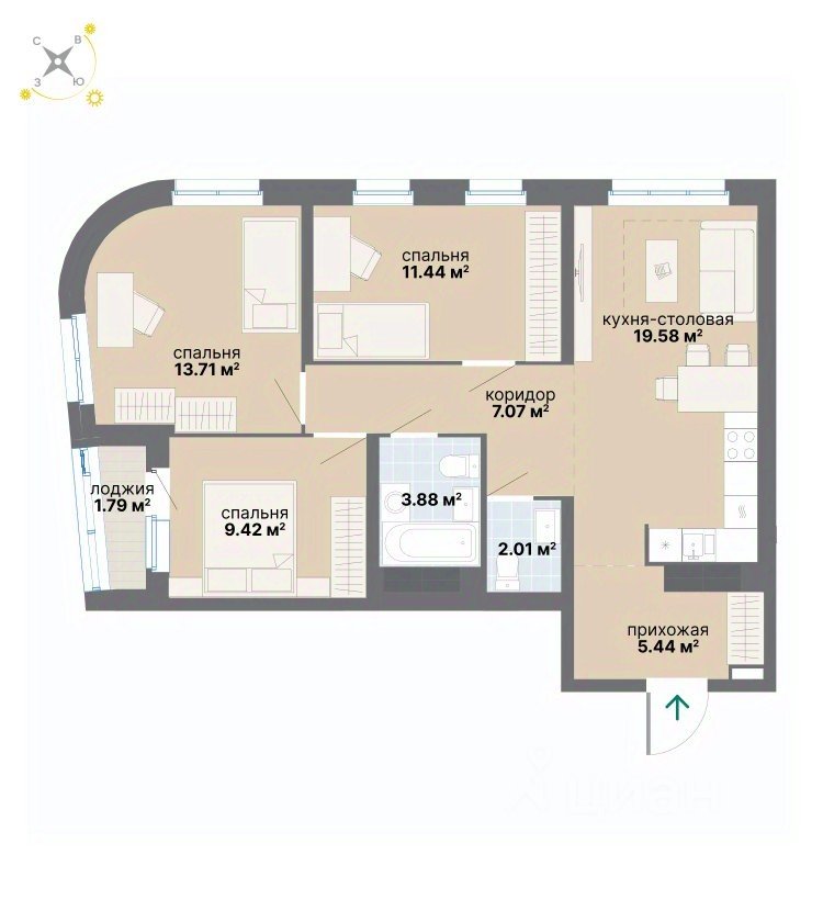 3-к кв. Свердловская область, Екатеринбург ул. Вилонова (74.34 м²)
