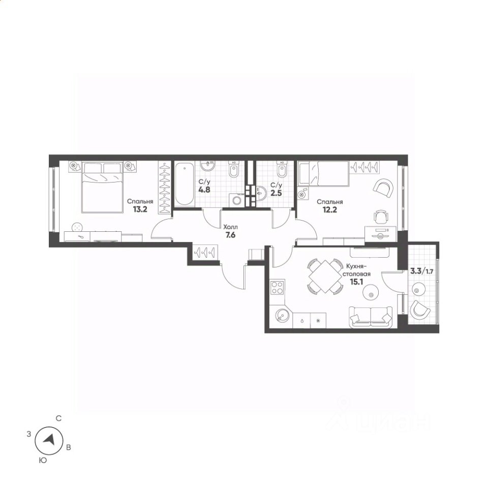 2-к кв. Свердловская область, Екатеринбург Солнечный жилрайон,  (57.1 м²)
