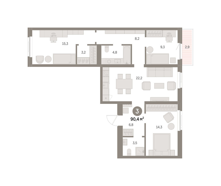 3-комнатная квартира: Екатеринбург, Благодатская улица, 15 (90.41 м²)