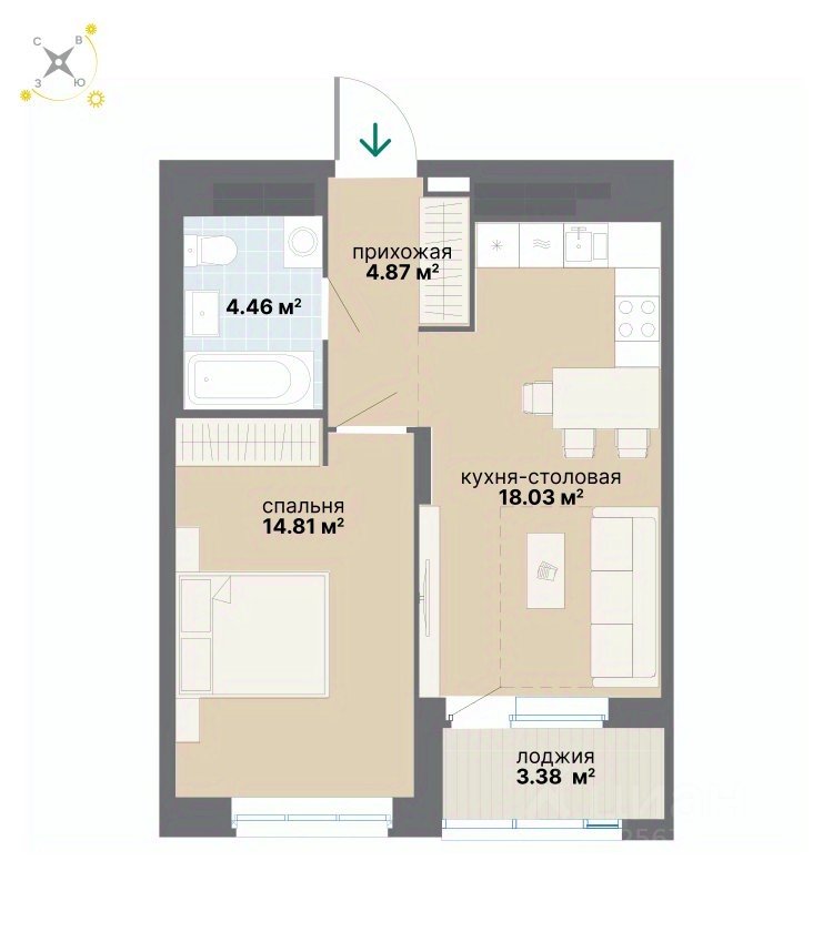 1-к кв. Свердловская область, Екатеринбург ул. Вилонова (45.55 м²)