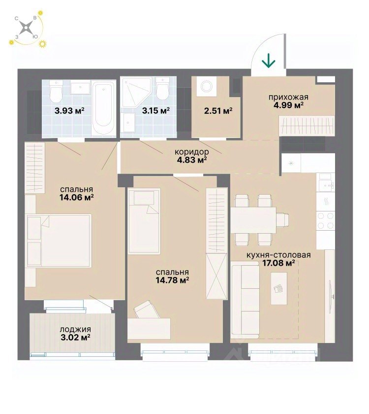 2-к кв. Свердловская область, Екатеринбург ул. Вилонова (68.35 м²)