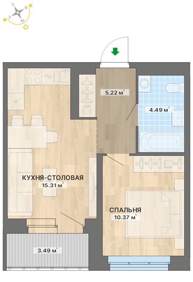 1-к кв. Свердловская область, Екатеринбург ул. Южногорская, 3 (38.88 м²)