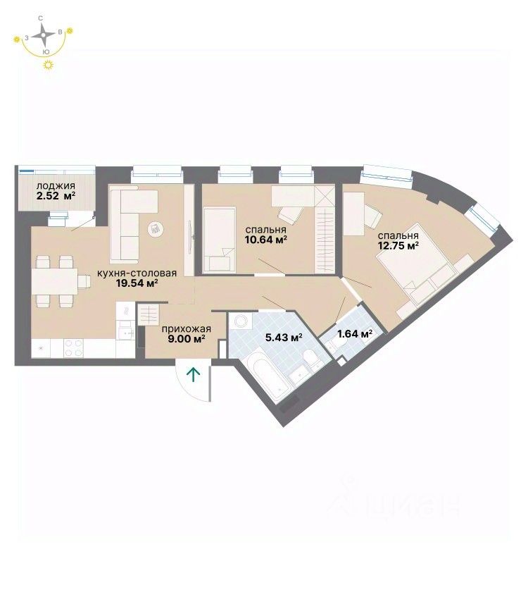 2-к кв. Свердловская область, Екатеринбург ул. Вилонова (61.52 м²)