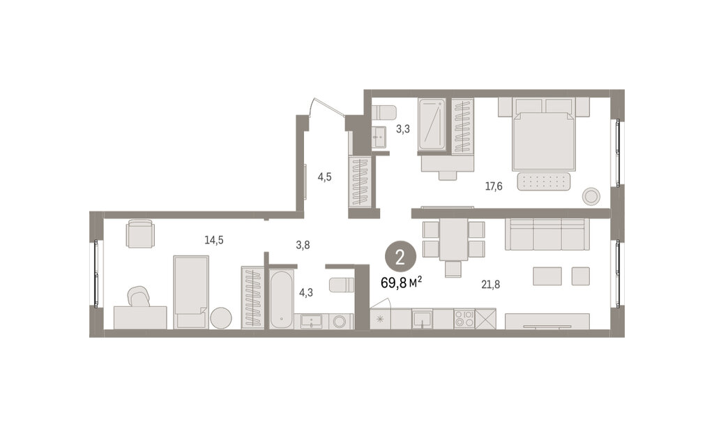 2-комнатная квартира: Екатеринбург, Торфяной переулок, 10 (69.8 м²)