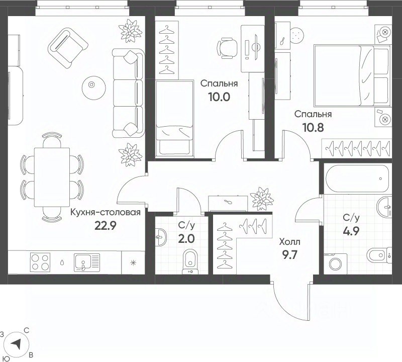2-к кв. Свердловская область, Екатеринбург Солнечный жилрайон,  (60.3 м²)