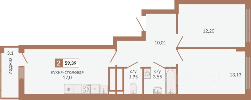 2-к кв. Свердловская область, Екатеринбург пер. Старателей (59.39 м²)