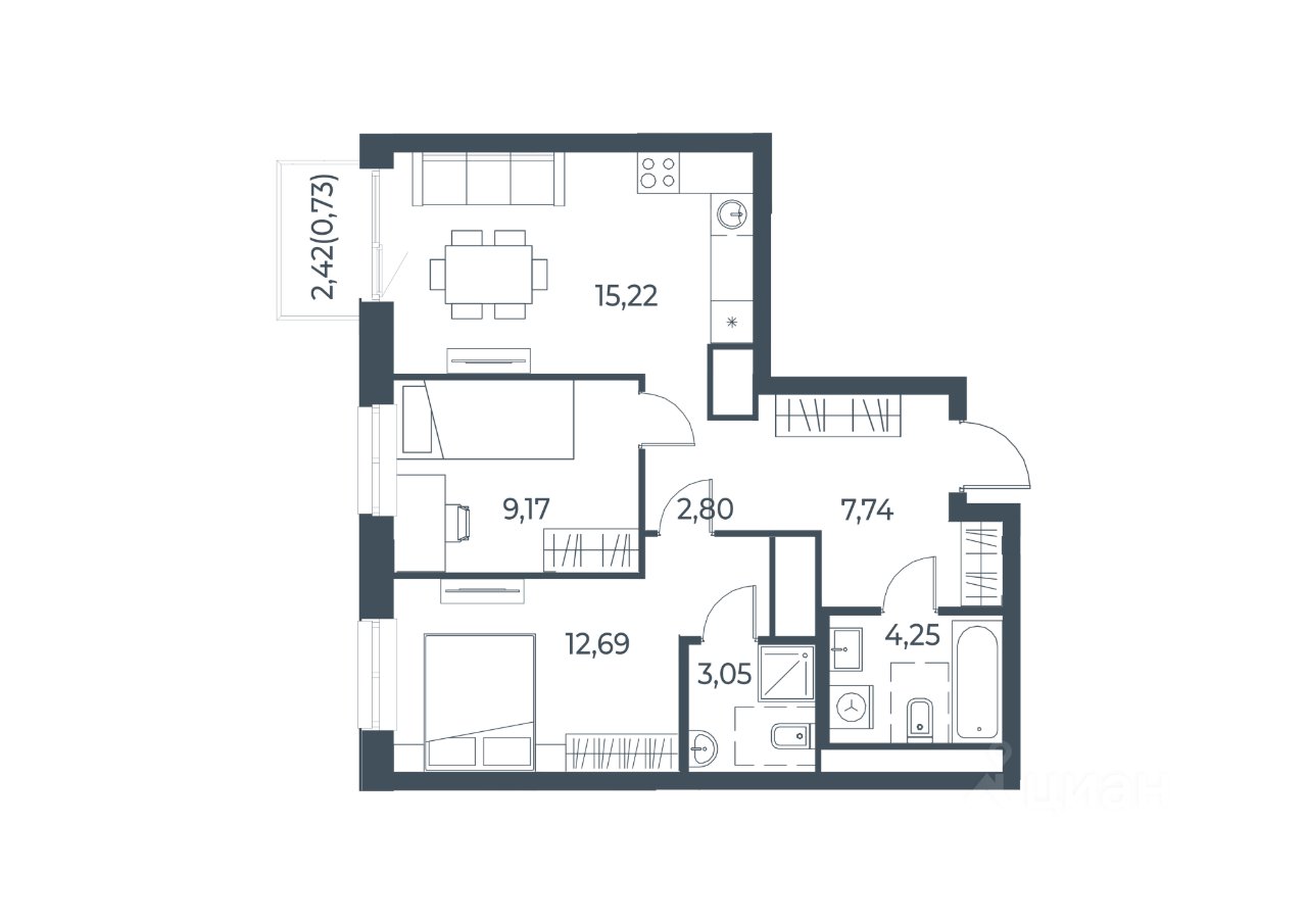 2-к кв. Свердловская область, Екатеринбург ул. Малышева (57.34 м²)