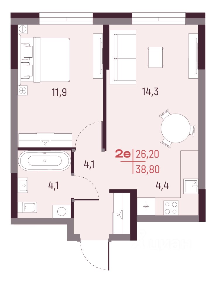 2-к кв. Свердловская область, Екатеринбург ул. Академика Ландау, 13 (38.8 м²)