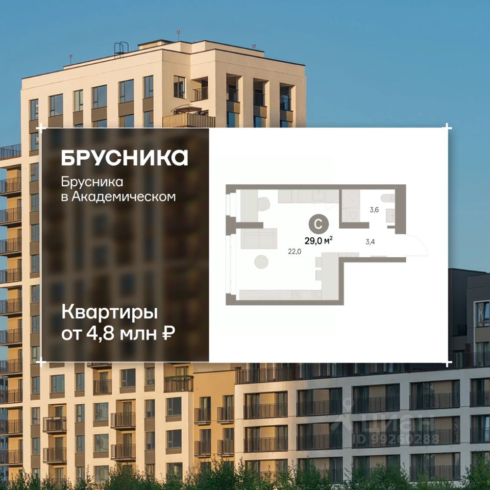 Студия Свердловская область, Екатеринбург Академический мкр, 19-й кв-л, Брусника в Академическом жилой комплекс (28.97 м²)