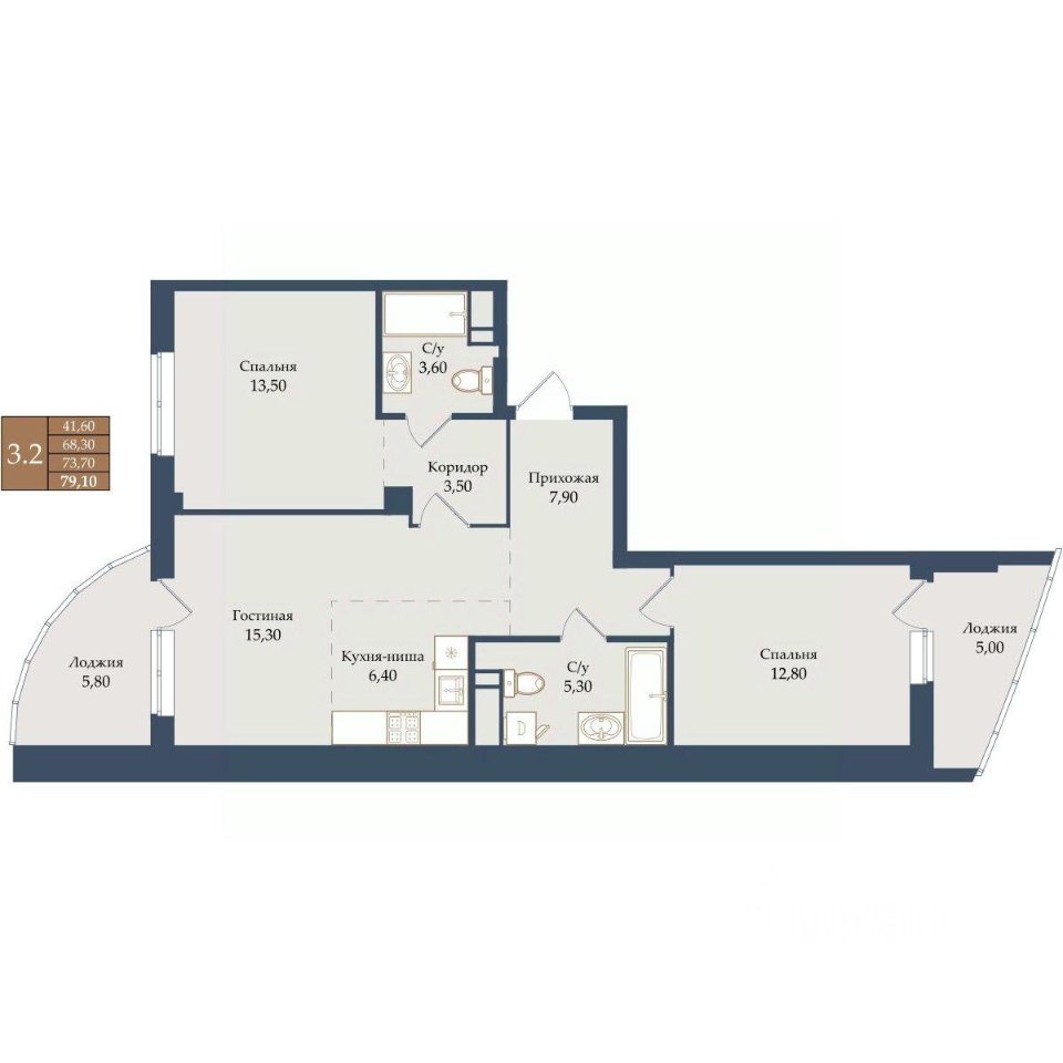 2-к кв. Свердловская область, Екатеринбург ул. Щербакова, 20 (73.7 м²)