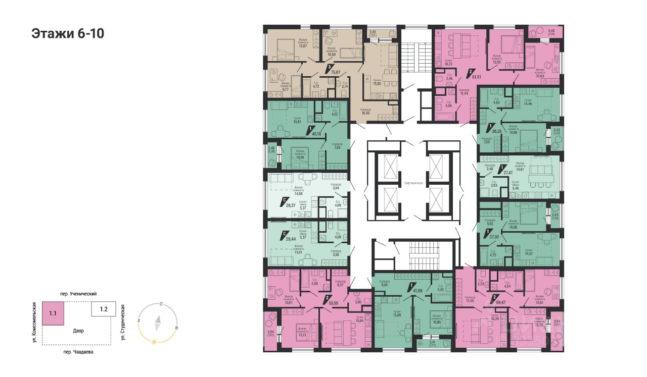 1-к кв. Свердловская область, Екатеринбург пер. Ученический (40.18 м²)