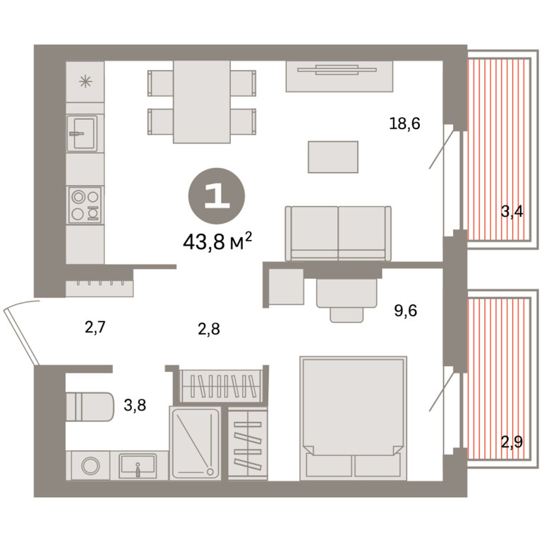 1-комнатная квартира: Екатеринбург, жилой район Сортировочный, микрорайон Старая Сортировка, ЖК Квартал Депо (43.8 м²)