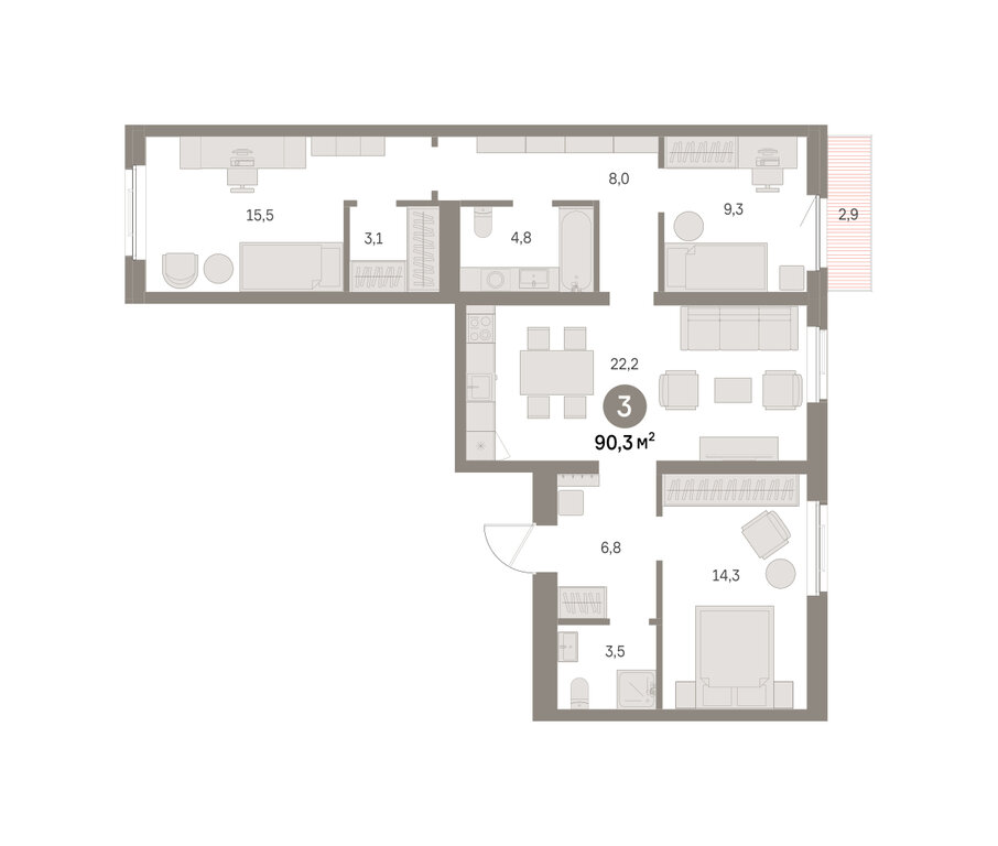 3-комнатная квартира: Екатеринбург, Благодатская улица, 15 (90.34 м²)