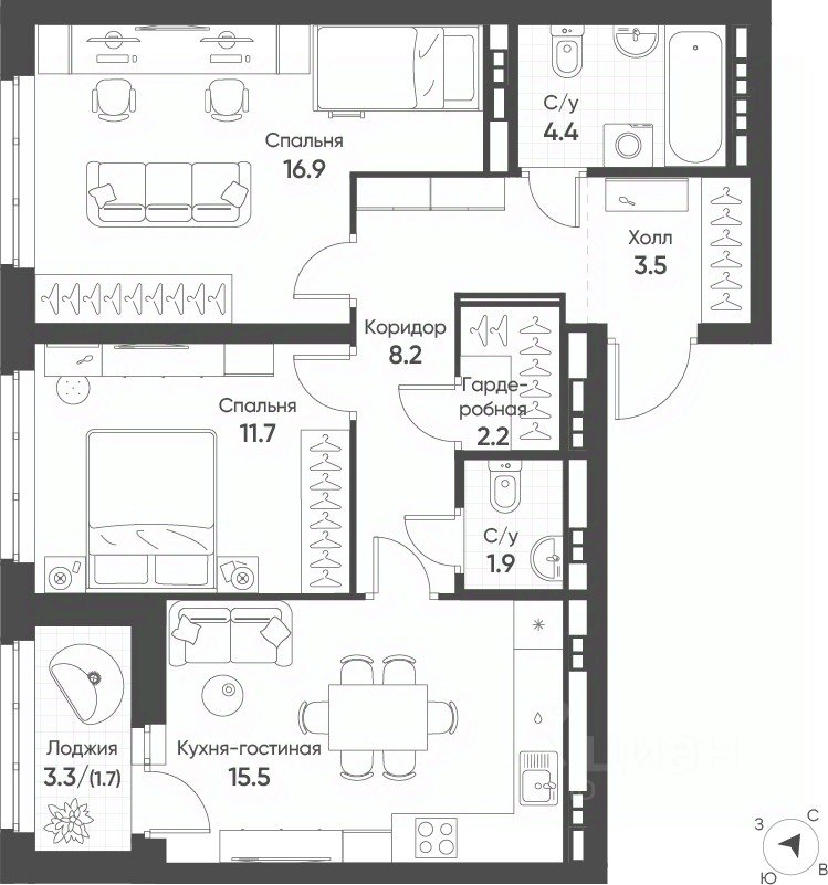 2-к кв. Свердловская область, Екатеринбург Солнечный жилрайон,  (65.4 м²)