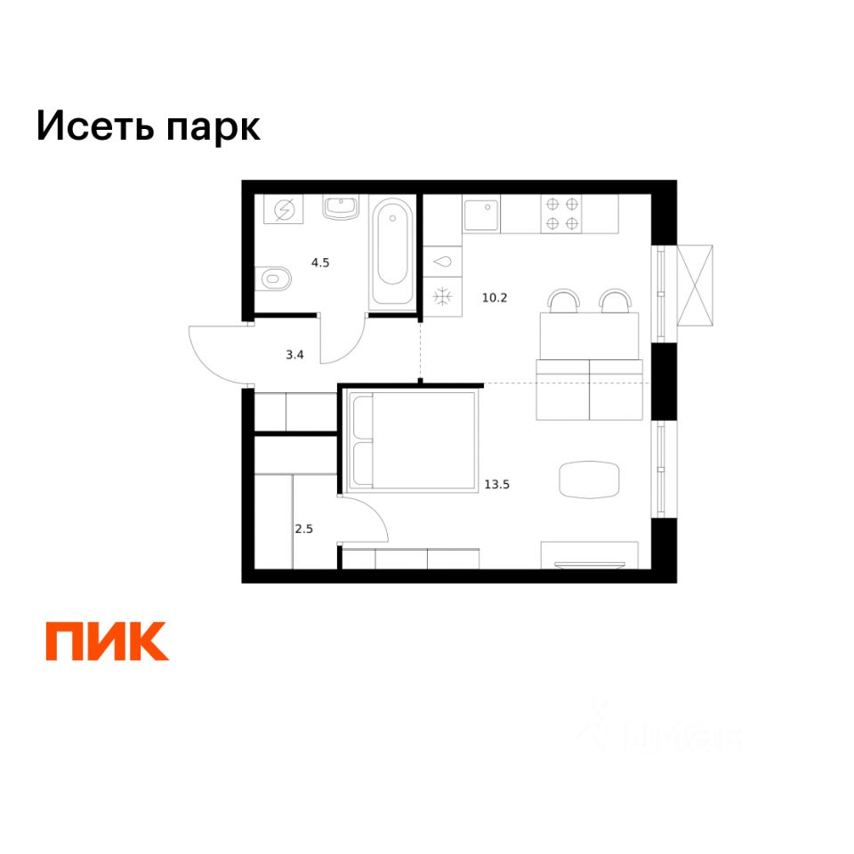 1-к кв. Свердловская область, Екатеринбург Южный жилрайон, Исеть Парк жилой комплекс, 1/5 (34.1 м²)
