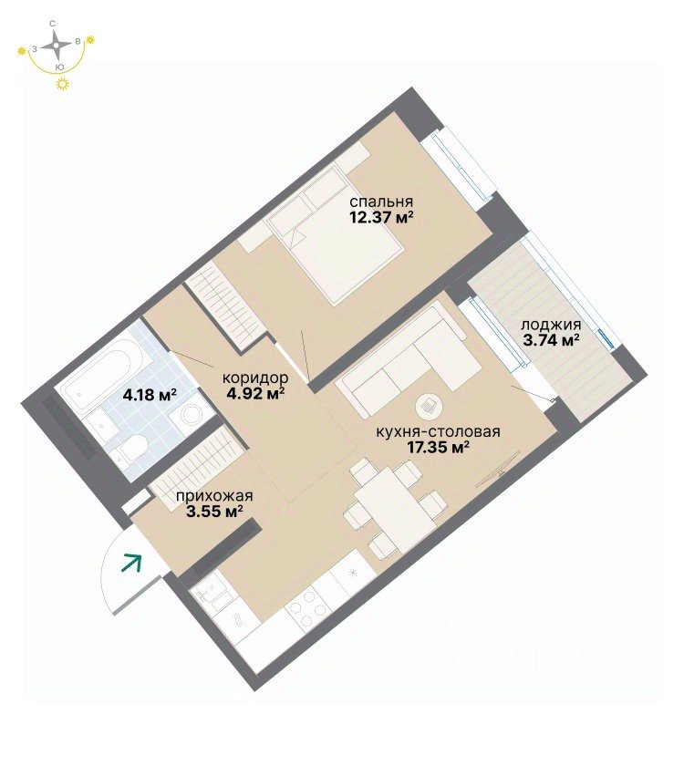 1-к кв. Свердловская область, Екатеринбург ул. Вилонова (46.11 м²)
