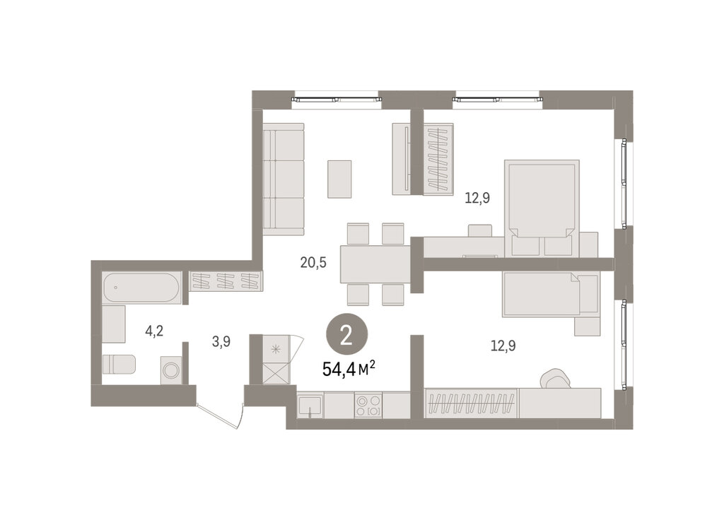 2-комнатная квартира: Екатеринбург, Торфяной переулок, 10 (54.4 м²)