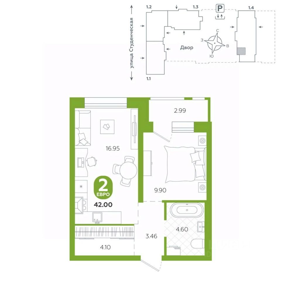 1-к кв. Свердловская область, Екатеринбург ул. Студенческая, 1А (42.0 м²)
