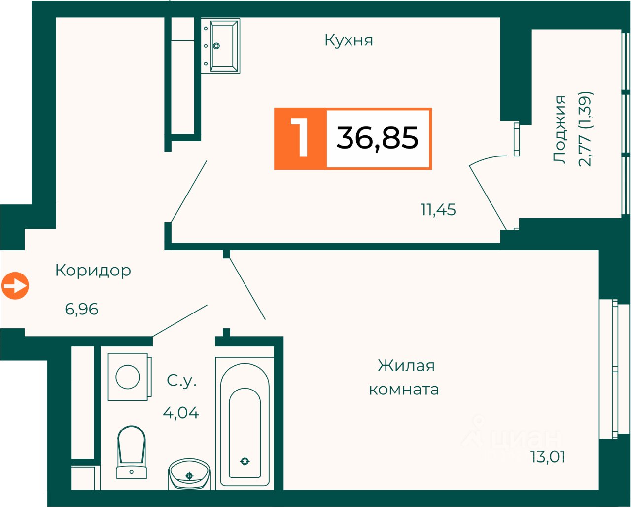 1-к кв. Свердловская область, Екатеринбург ВИЗ жилрайон,  (36.85 м²)