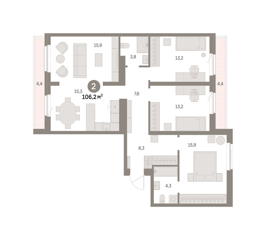 2-комнатная квартира: Екатеринбург, Благодатская улица, 15 (106.18 м²)