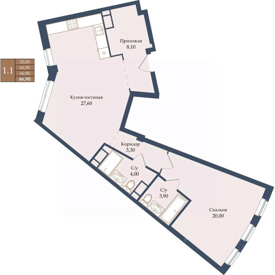 2-к кв. Свердловская область, Екатеринбург ул. Щербакова, 20 (66.9 м²)
