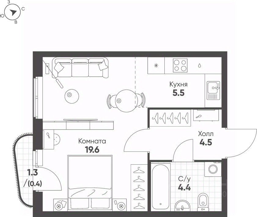 Студия Свердловская область, Екатеринбург Солнечный жилрайон,  (34.4 м²)
