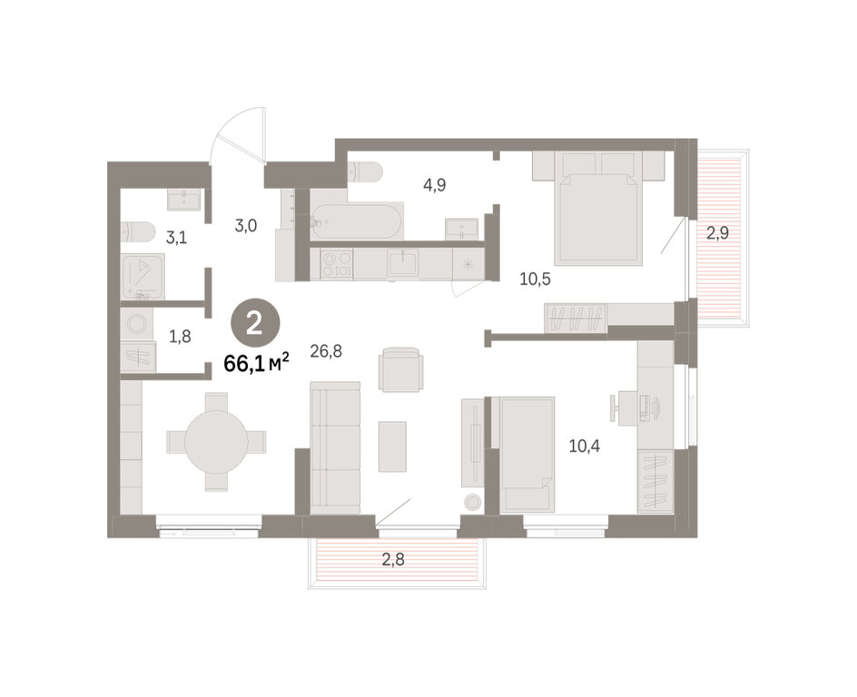2-комнатная квартира: Екатеринбург, Благодатская улица, 15 (66.12 м²)