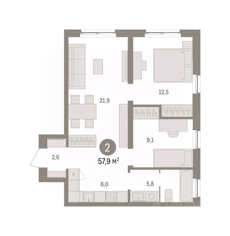 2-к кв. Свердловская область, Екатеринбург пер. Торфяной, 10 (57.9 м²)