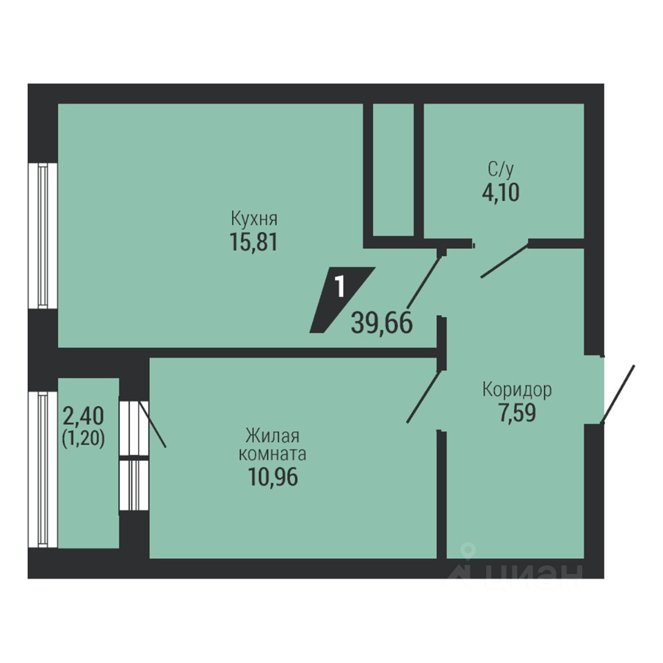1-к кв. Свердловская область, Екатеринбург пер. Ученический (39.66 м²)