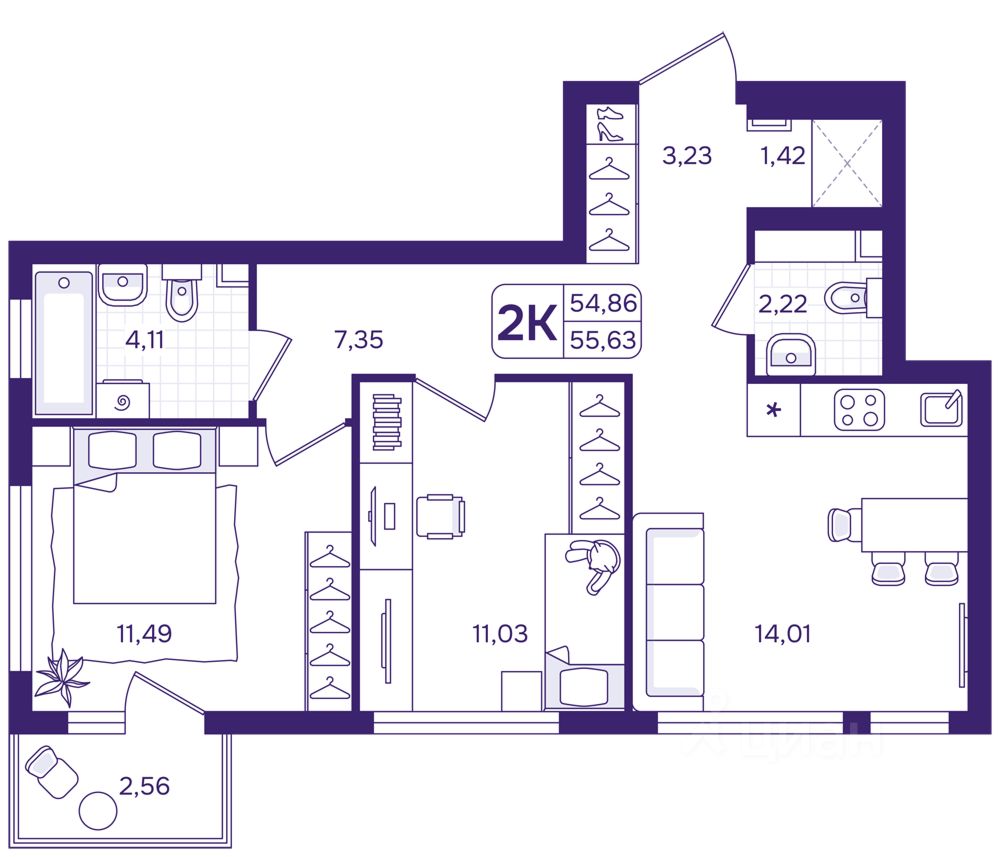 2-к кв. Свердловская область, Екатеринбург пер. Проходной, 1Б (55.63 м²)