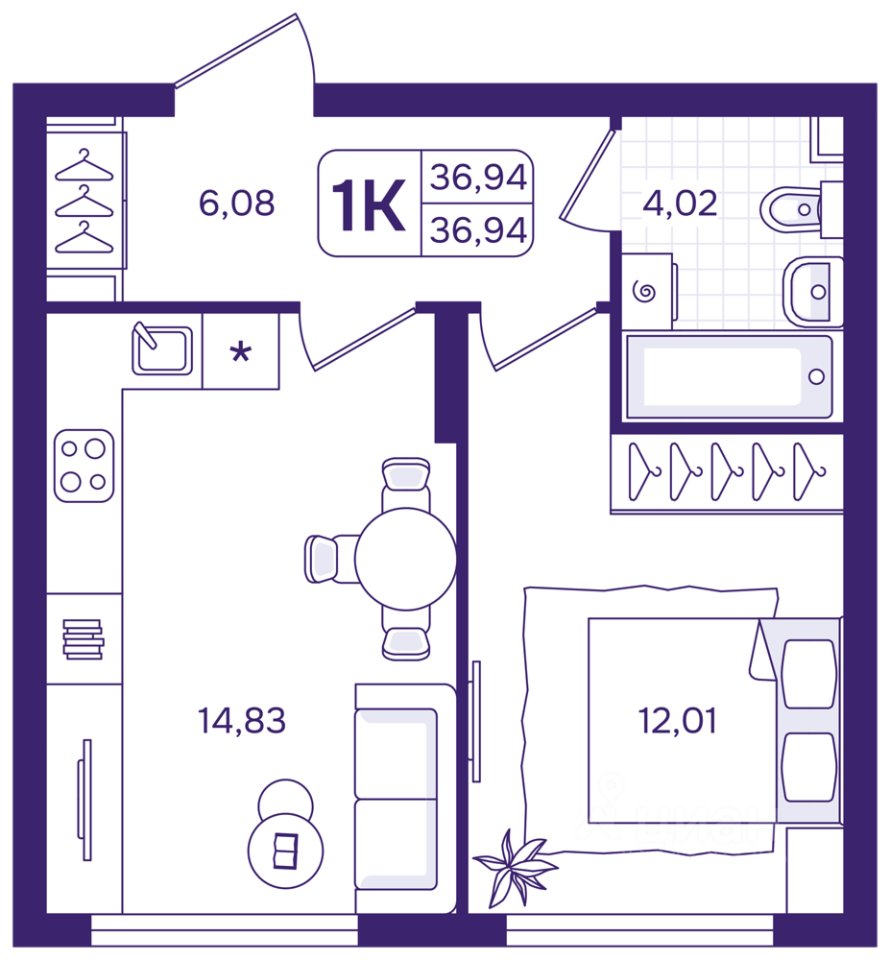 1-к кв. Свердловская область, Екатеринбург пер. Проходной, 1Б (36.94 м²)