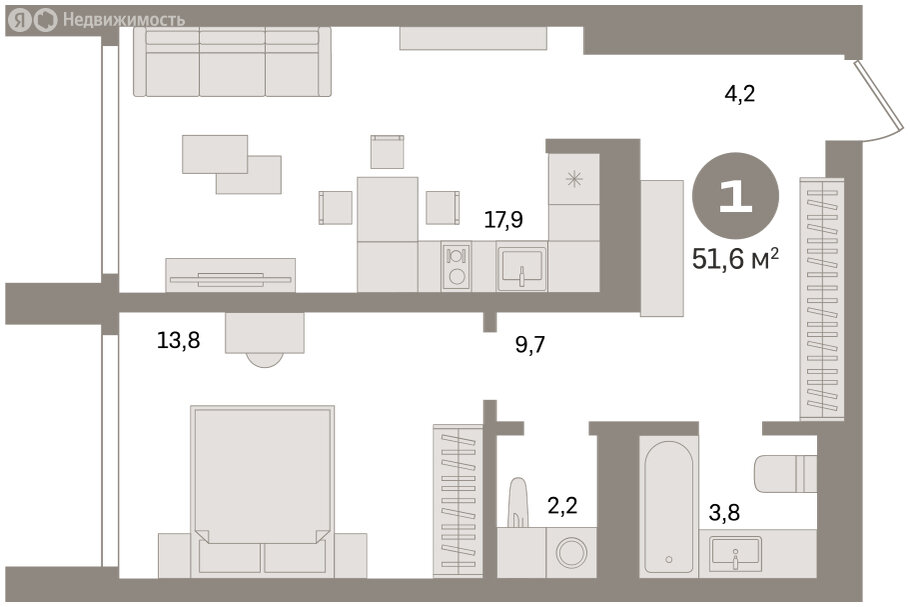 1-комнатная квартира: Екатеринбург, улица Советских Женщин (51.6 м²)