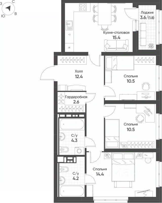 3-к кв. Свердловская область, Екатеринбург Солнечный жилрайон,  (76.1 м²)
