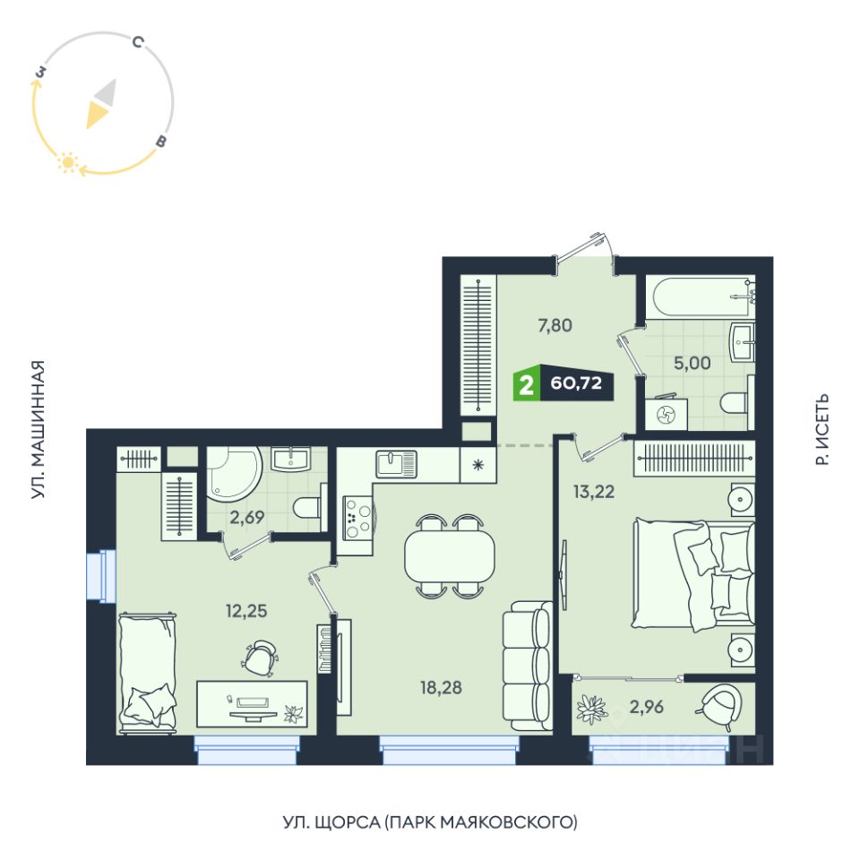 2-к кв. Свердловская область, Екатеринбург ул. Машинная, 1В/4 (60.72 м²)