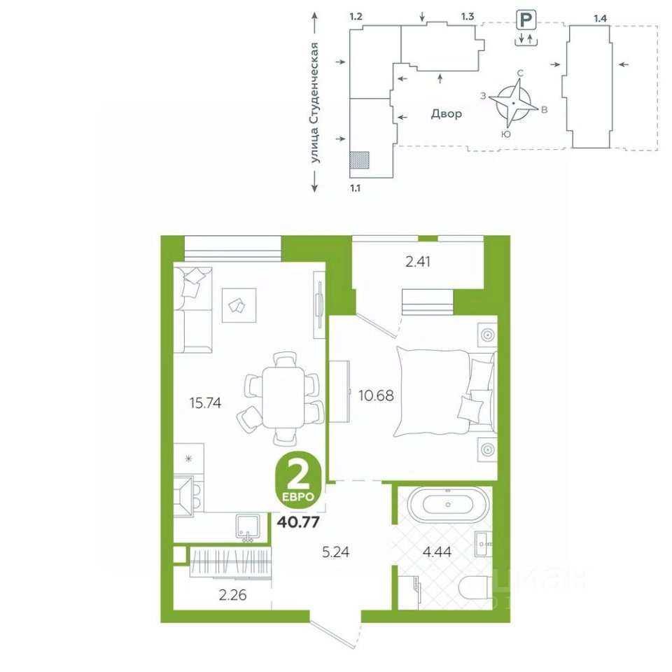 1-к кв. Свердловская область, Екатеринбург ул. Студенческая, 1А (40.77 м²)