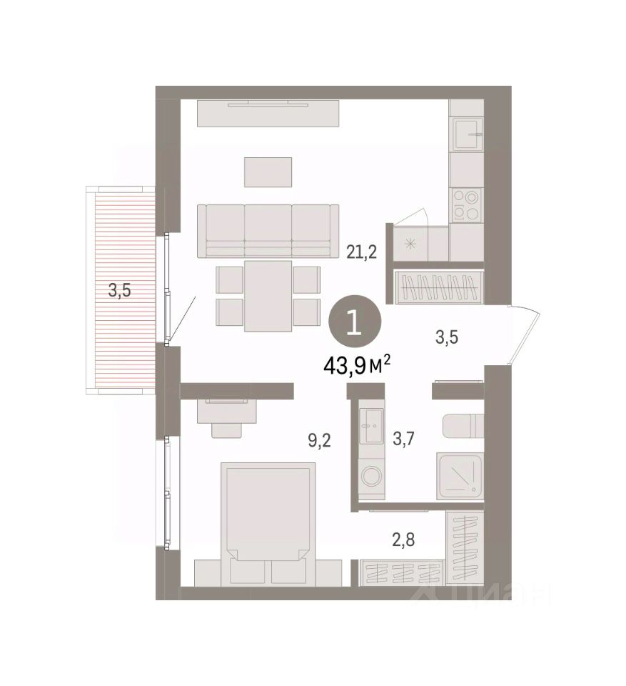1-к кв. Свердловская область, Екатеринбург пер. Торфяной, 10 (43.9 м²)